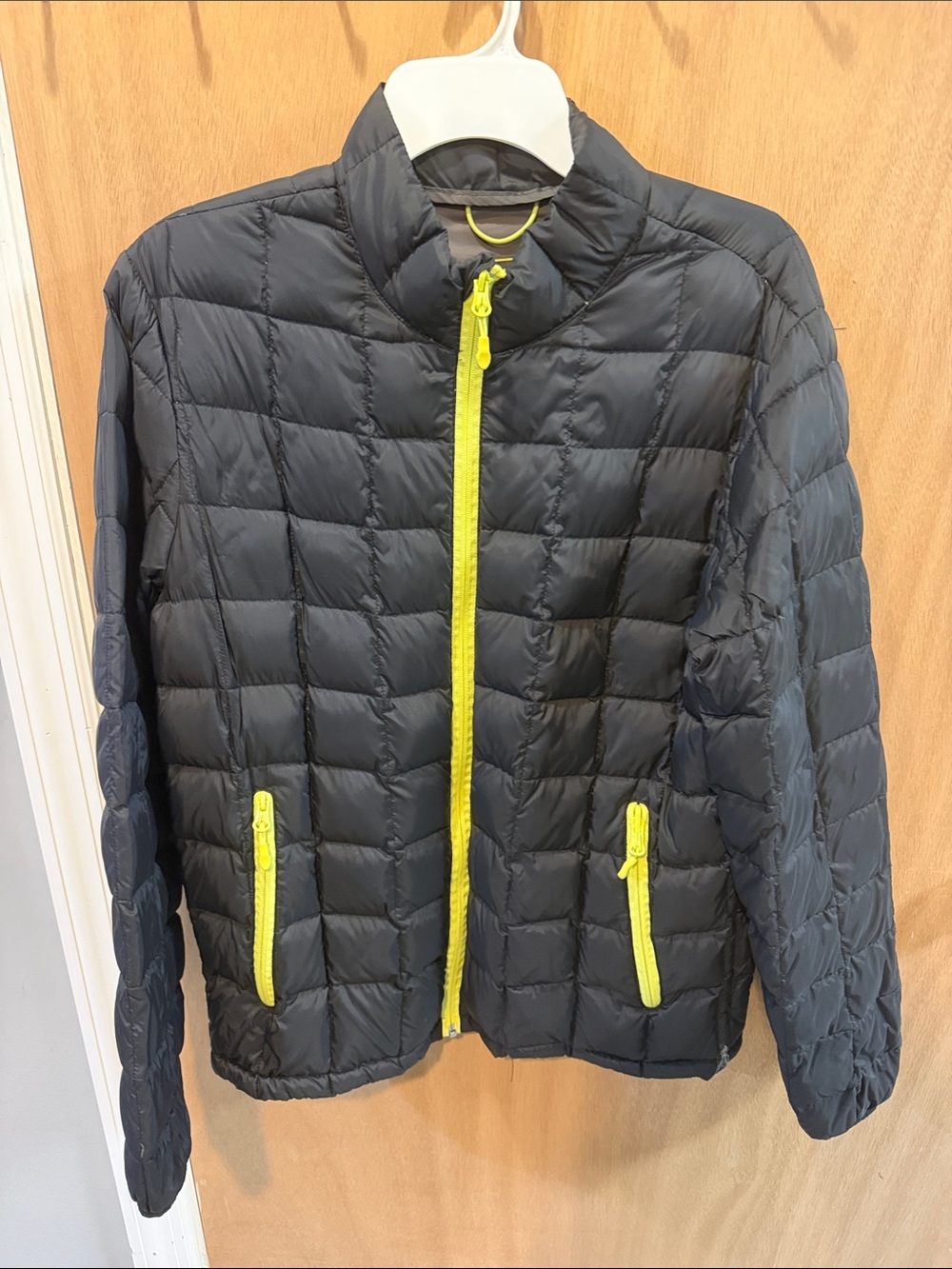 Black Puffer Jacket with Yellow Zipper Accents